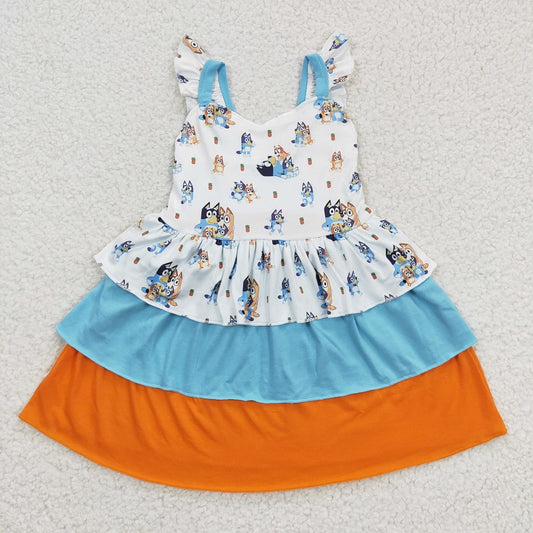 GSD0396 Cartoon Dog Blue Orange Contrasting Color Flying Sleeve Dress