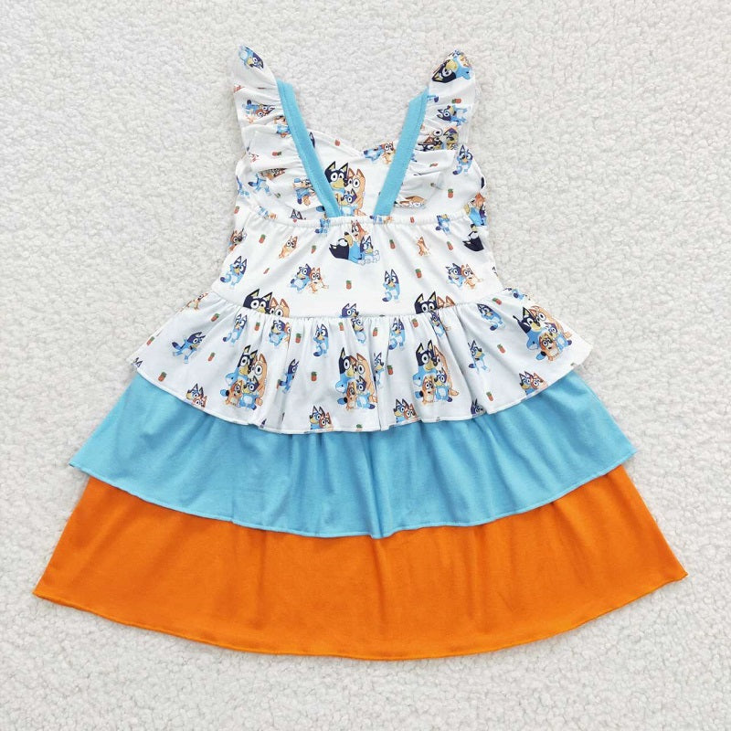 GSD0396 Cartoon Dog Blue Orange Contrasting Color Flying Sleeve Dress