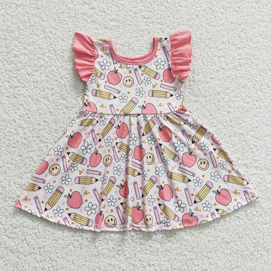 GSD0406 Pencil Apple Smile Flower Pink Flying Sleeve Dress