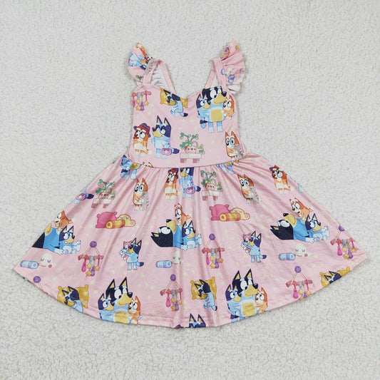 GSD0422 Cartoon Dog Pink Flying Sleeve Dress