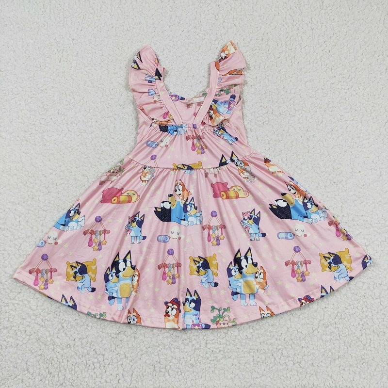 GSD0422 Cartoon Dog Pink Flying Sleeve Dress