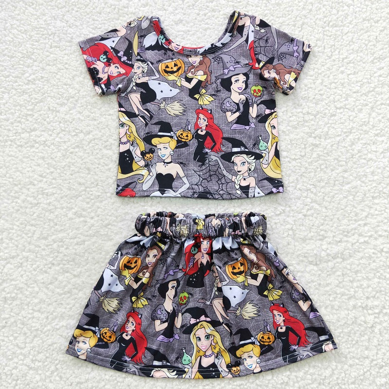 GSD0424 Cartoon Witch Gray Short Sleeve Skirt Set