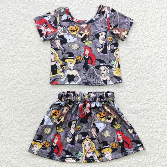 GSD0424 Cartoon Witch Gray Short Sleeve Skirt Set