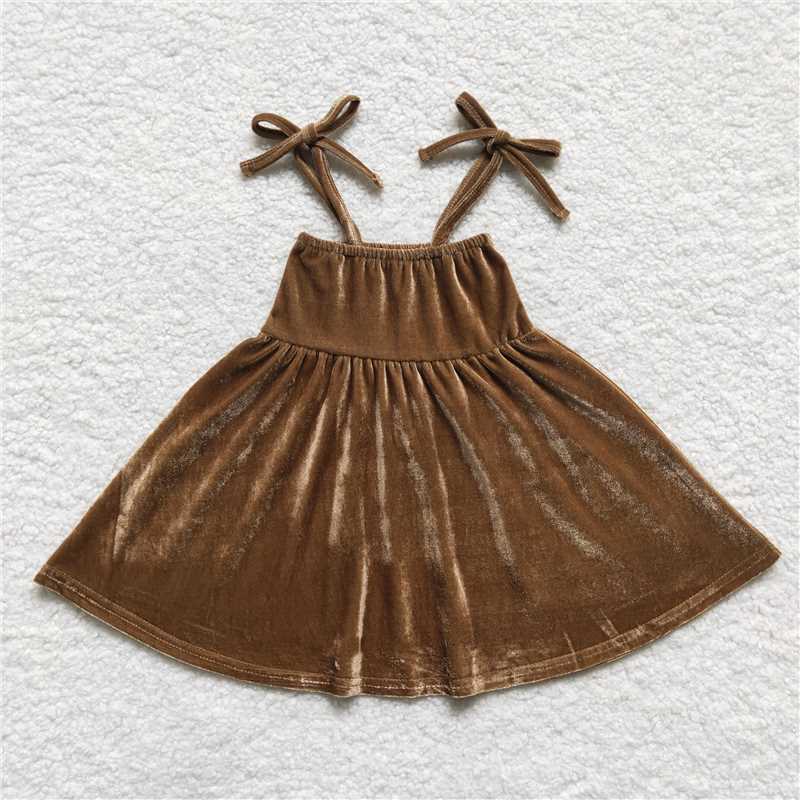 GLD0289 Pumpkin Long Sleeve Brown Gold Velvet Suspender Dress Set