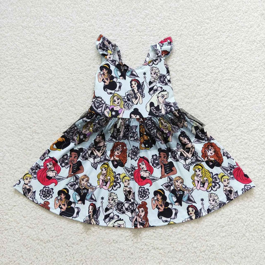 GSD0460 Cartoon flowers and stars tulle light blue flying sleeve dress