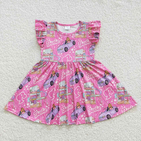 GSD0465 cars stars pink flying sleeve dress