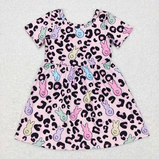 GSD0508 Colorful bunny leopard print pink short-sleeved dress