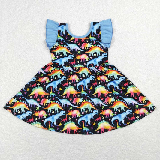 GSD0516 Colorful dinosaur blue and black flying sleeve dress