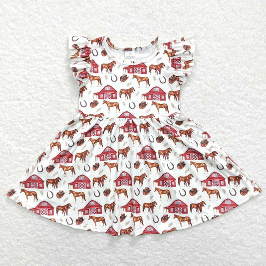 GSD0518 Farm Red House Horse Beige Flying Sleeve Dress