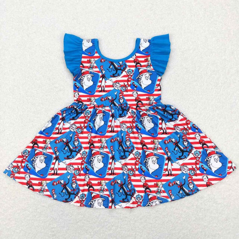 GSD0567 Red and white striped blue flying sleeve dress