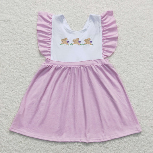 GSD0569 Embroidery Three Rabbits Bow Purple and White Flying Sleeve Dress