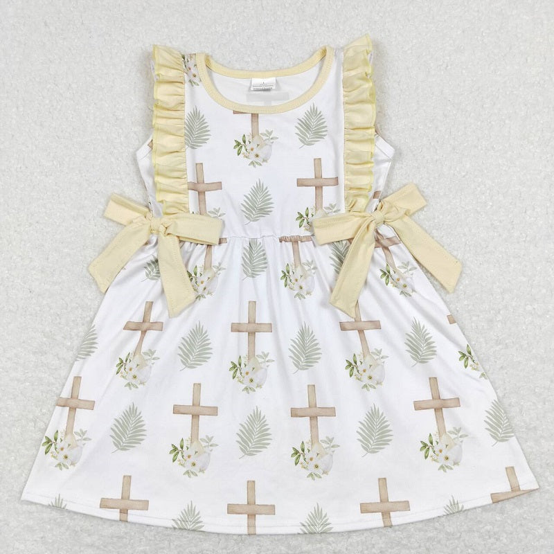 GSD0571 Cross flowers leaves yellow lace bow white sleeveless dress