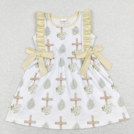 GSD0571 Cross flowers leaves yellow lace bow white sleeveless dress