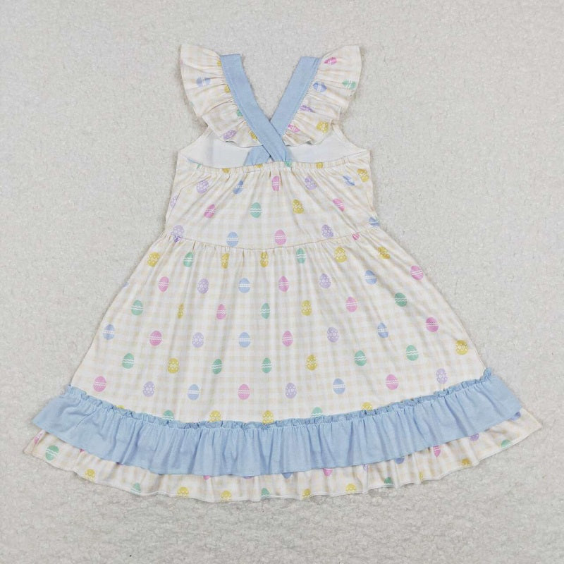 GSD0582 Egg yellow white plaid blue lace bow flying sleeve dress