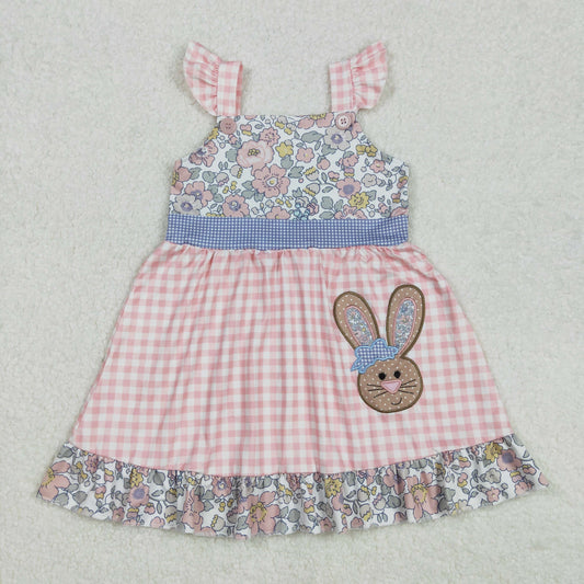 GSD0593 Flower Lace Bow Rabbit Pink and White Plaid Fly Sleeve Dress