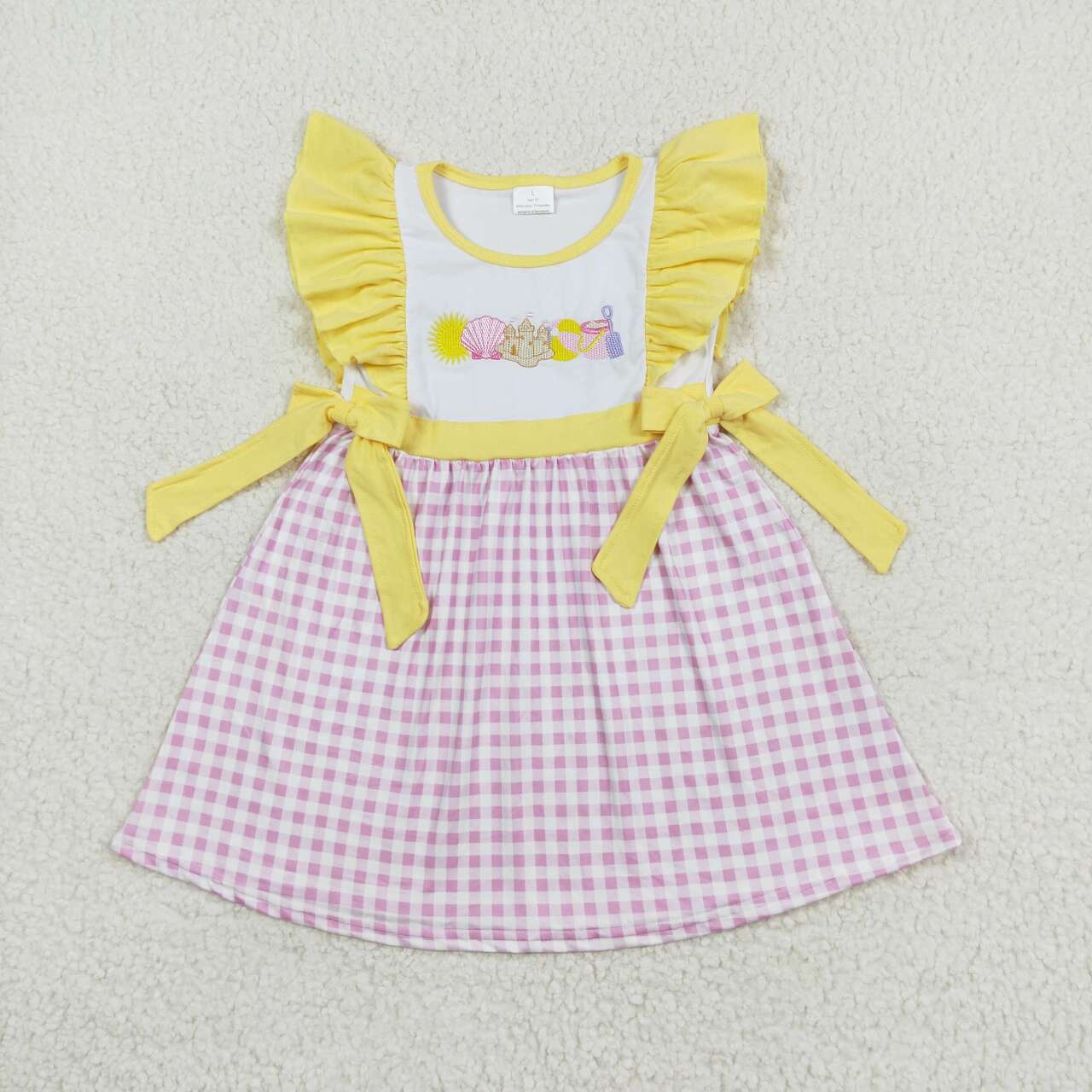 GSD0600 Embroidery Shell Castle Beach Ball Pink and White Plaid Yellow Lace Bowknot Flying Sleeve Dress