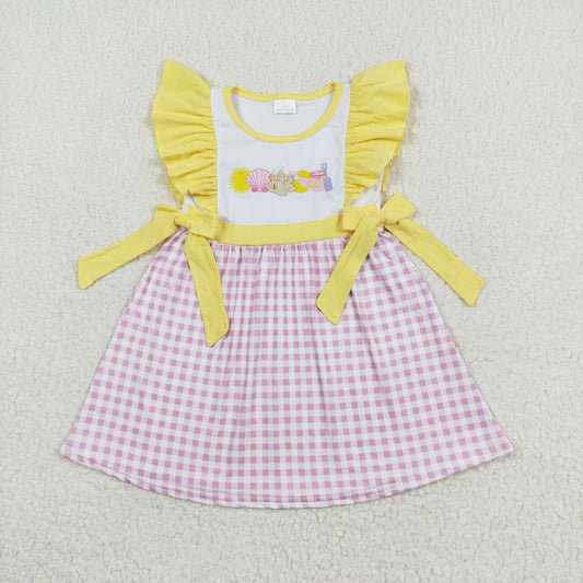 GSD0600 Embroidery Shell Castle Beach Ball Pink and White Plaid Yellow Lace Bowknot Flying Sleeve Dress