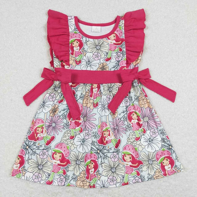 GSD0613 Strawberry Flower Red Bow Fly Sleeve Dress
