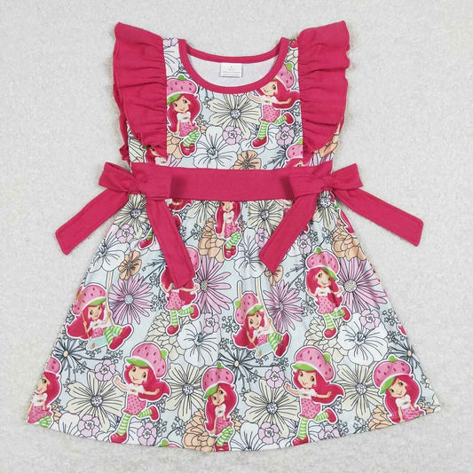 GSD0613 Strawberry Flower Red Bow Fly Sleeve Dress