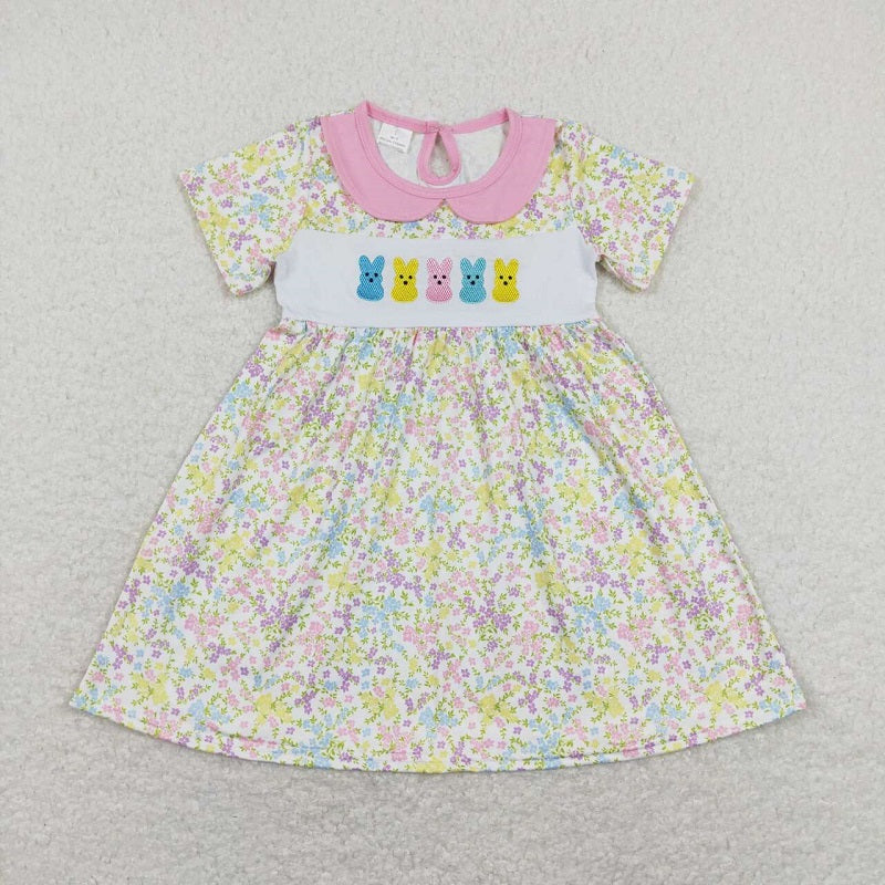 GSD0649 Embroidered colorful bunny flower floral pink baby doll collar short-sleeved dress