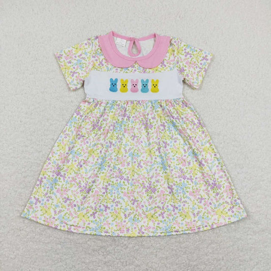 GSD0649 Embroidered colorful bunny flower floral pink baby doll collar short-sleeved dress