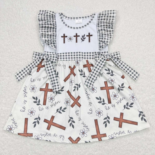 GSD0680 Beige short-sleeved dress with cross floral plaid bow