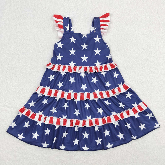 GSD0681 Red and white striped lace star blue flying sleeve dress