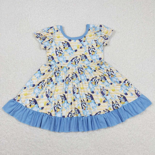GSD0686 Cartoon Easter Egg Pocket Blue Lace Short Sleeve Dress