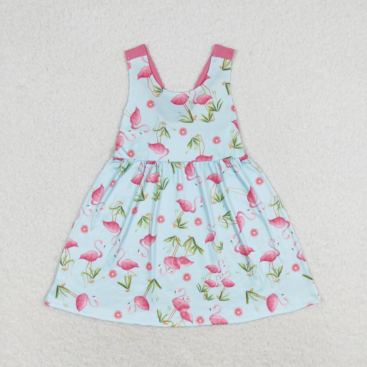 GSD0693 Flamingo Pink Bow Blue Sleeveless Dress