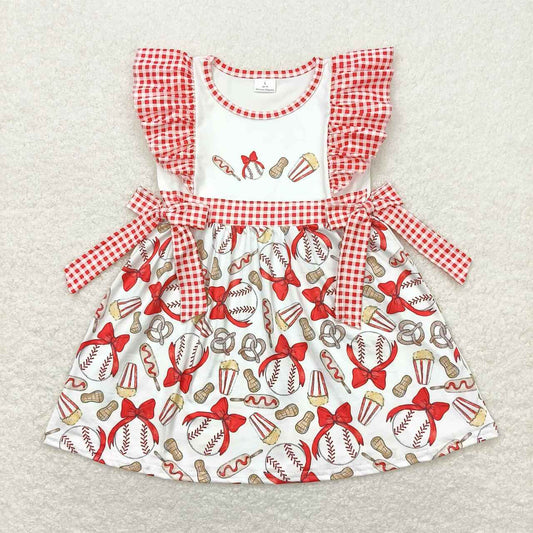 GSD0712 Bow Baseball Peanut Popcorn Red and White Plaid Bow Short Sleeve Dress