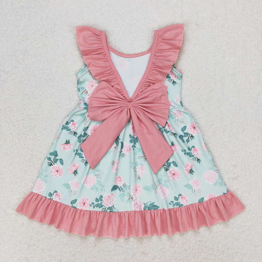 GSD0722 Floral pink lace bow aqua sleeveless dress