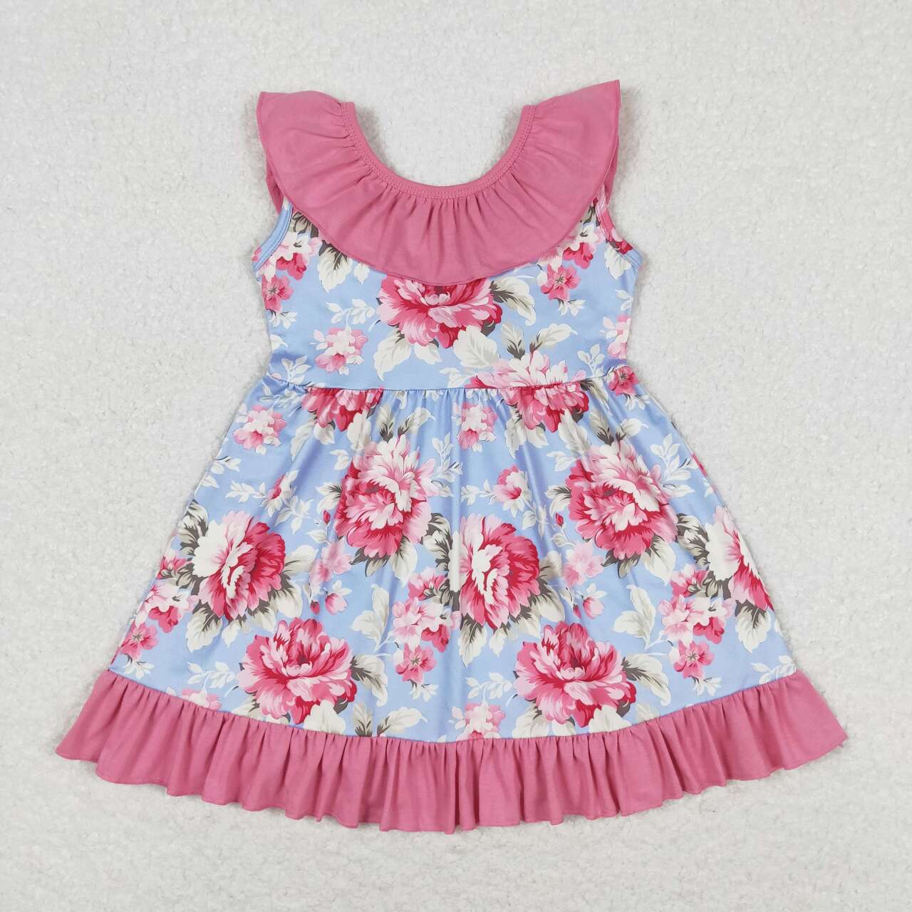 GSD0723 Flower pink lace bow blue sleeveless dress