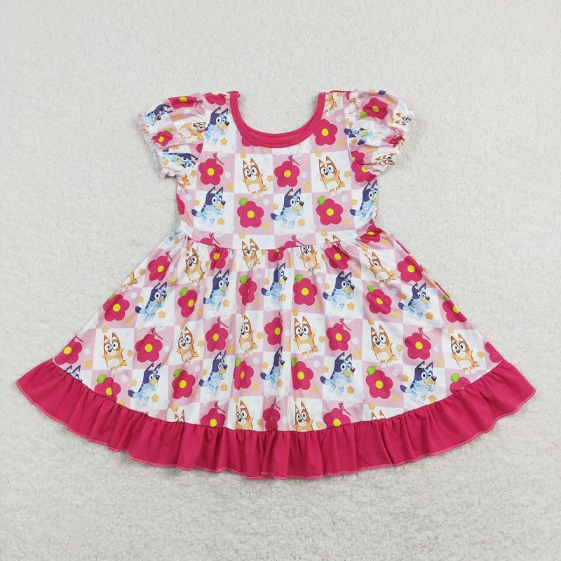 GSD0740 Cartoon Dog Floral pink and white plaid rose red lace short-sleeved dress