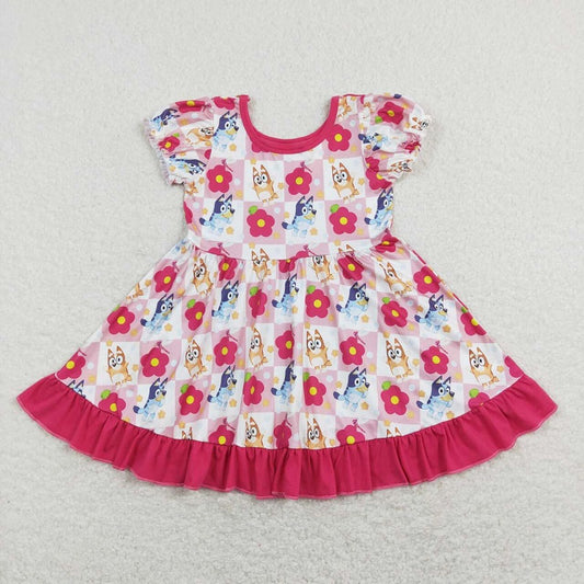 GSD0740 Cartoon Dog Floral pink and white plaid rose red lace short-sleeved dress