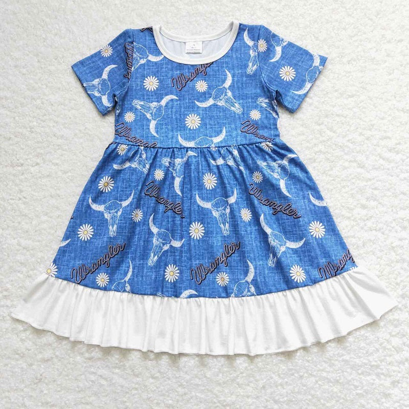 GSD0756 Alpine cow head flower blue and white lace short-sleeved dress