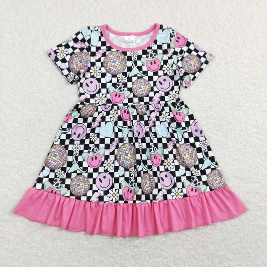 GSD0757 Light ball smiley face lightning heart flower black and white plaid short-sleeved dress