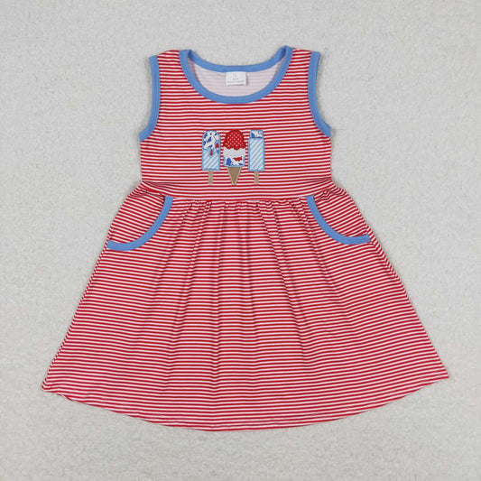 GSD0821 Embroidered ice cream red and white striped sleeveless dress