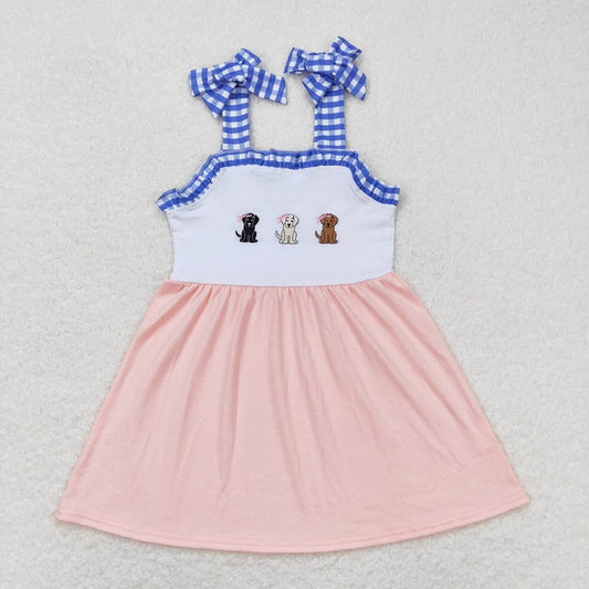 GSD0834 Embroidery three bow puppies blue and white plaid pink suspender dress