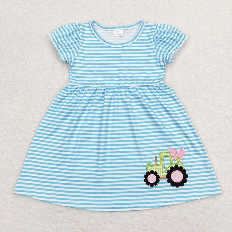 GSD0835 Embroidered bow tractor blue and white striped short-sleeved dress