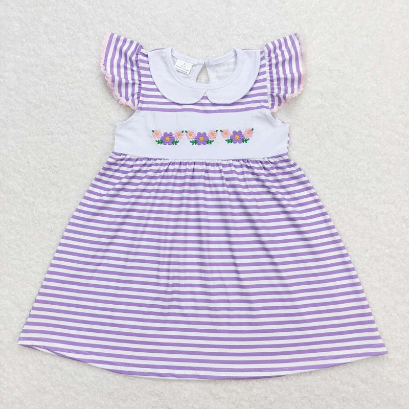 GSD0836 Floral purple and white striped doll collar flying sleeve dress