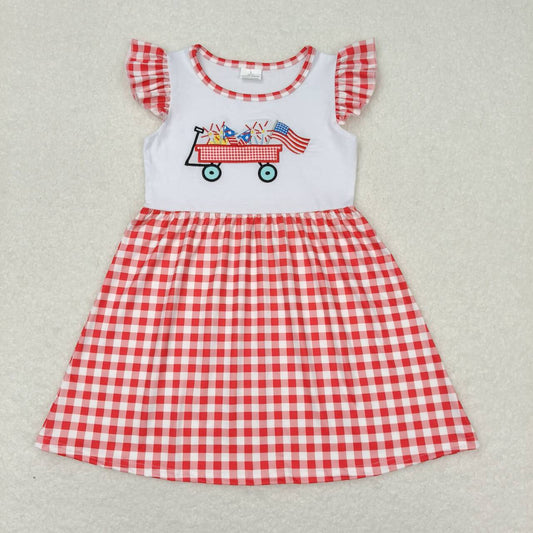 GSD0843 Embroidery Fireworks Flag Trolley Red Plaid Flying Sleeve Dress