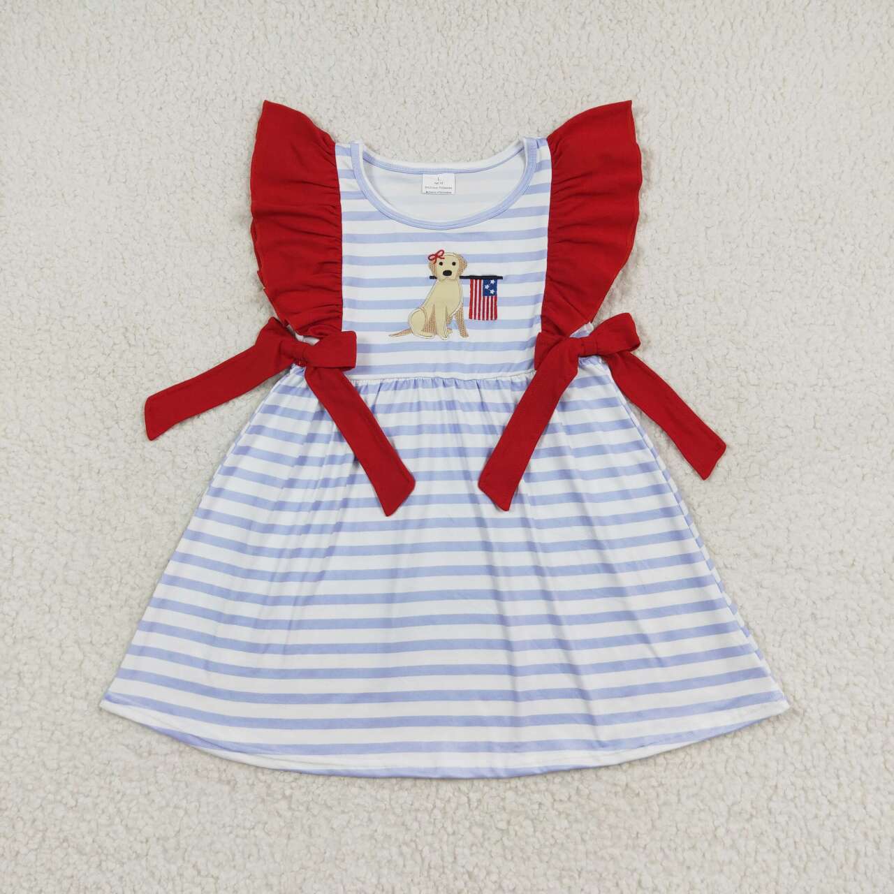 GSD0845 Embroidery Puppy Flag Stripe Red Lace Bow Fly Sleeve Dress