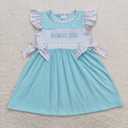 GSD0848 mama's gir embroidered L letter colorful plaid lace bow teal flying sleeve dress
