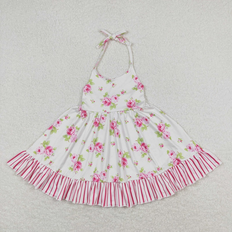 GSD0859 Floral pink striped lace halterneck dress