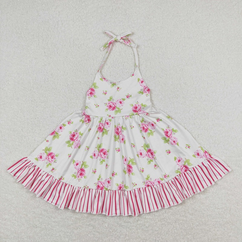 GSD0859 Floral pink striped lace halterneck dress