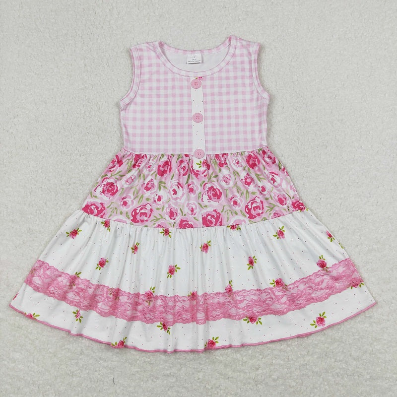 GSD0860 Floral pink and white plaid button sleeveless dress