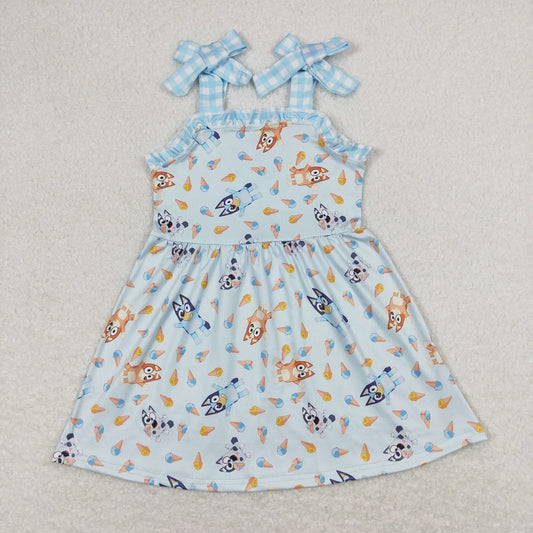 GT0491 Ice cream blue plaid lace bow suspender dress