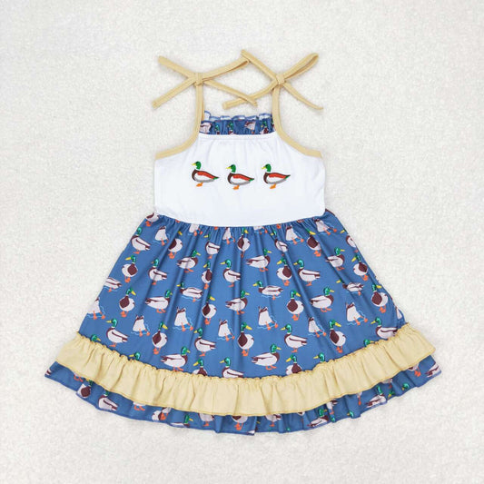 GSD0891 Embroidered duck light brown lace blue suspender dress