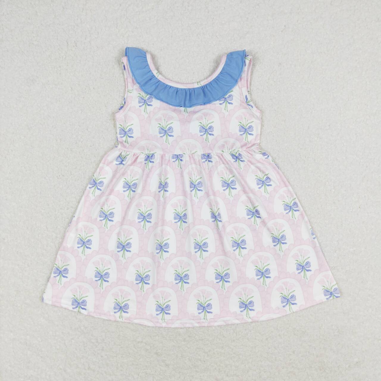 GSD0909 Pink flower blue lace bow sleeveless dress