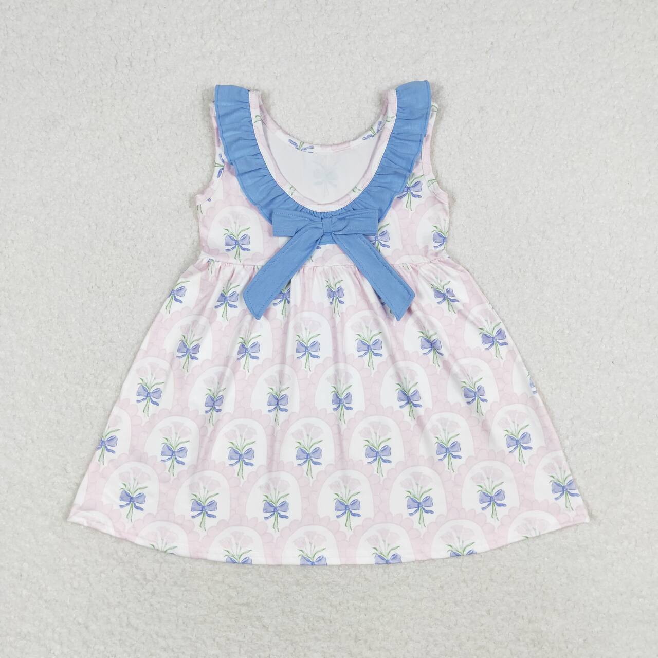 GSD0909 Pink flower blue lace bow sleeveless dress